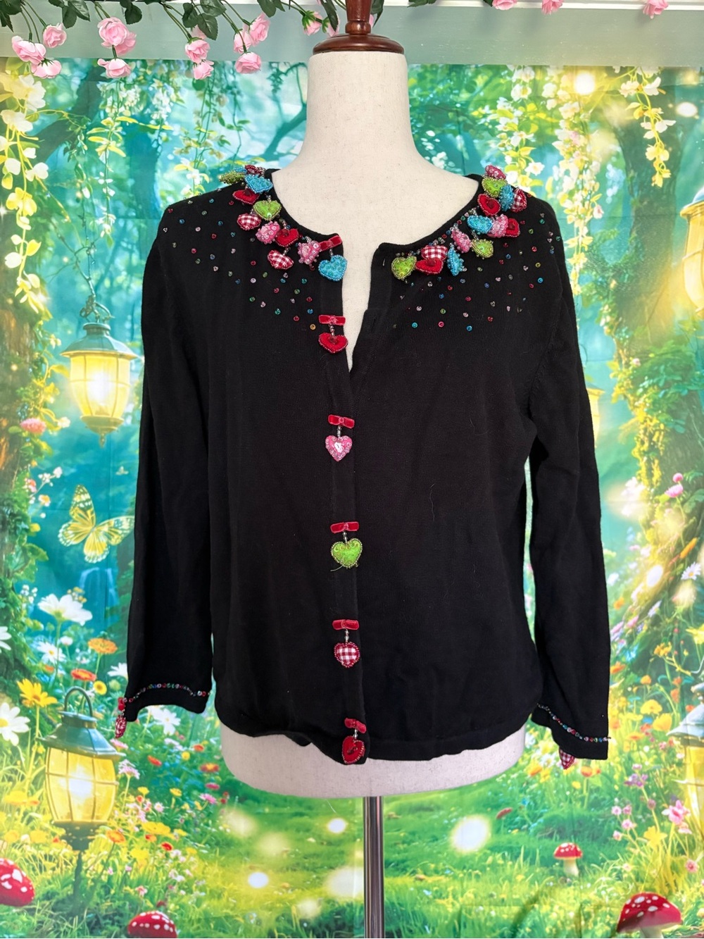 Black Women's Cardigan Sweater with Colorful Heart Accents